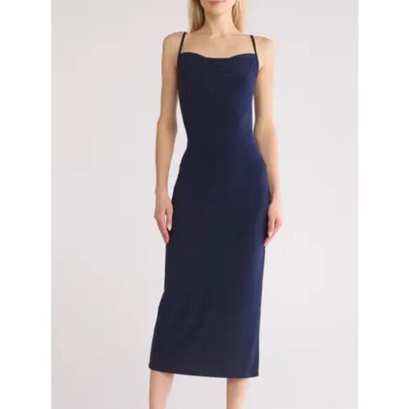 NWT Bebe Cowl Midi Dress Navy Slit Lim Fit Dress Size XS Style Number 702917 - Picture 1 of 11